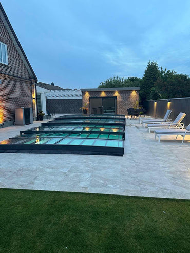 Bassengovertrekk ICON KIT S3 4×9 (klart glass, sidedør, enkel skinne, antrasitt)