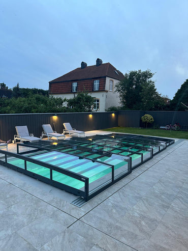 Bassengovertrekk ICON KIT S2 4×8 (klart glass, sidedør, enkel skinne, antrasitt)