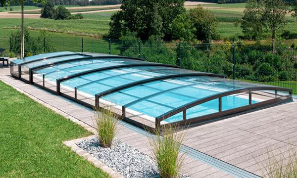 Bassengovertrekk Spesial 4,5×9 uten ramme klar plast sidedør antrasitt